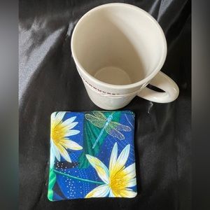 Wine Cozy/Mug Rug Quilted Dragonfly print 4.5”x4.5”